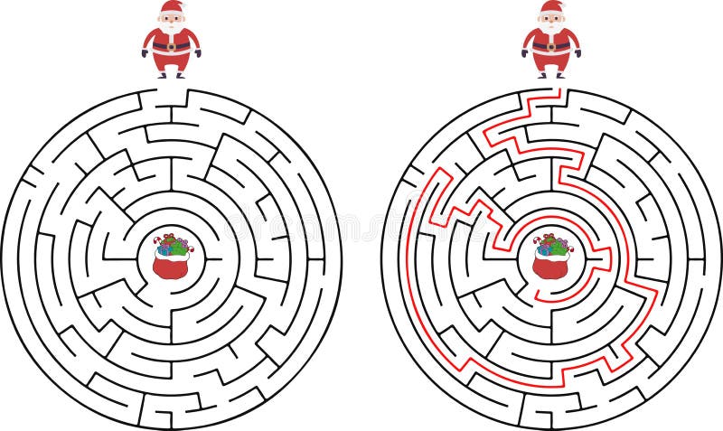 Jogo de labirinto de natal com labirinto de desenhos animados de papai noel  e presentes, quebra-cabeça de vetor de educação infantil. comece a terminar  o jogo, quebra-cabeça ou enigma, ajude o duende