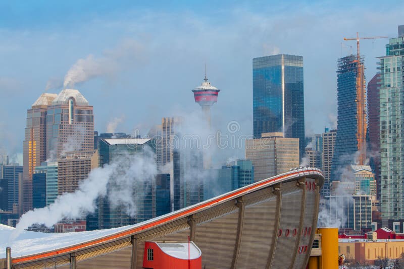 Winter morning at the smoky Calgary, Travel Alberta, Canada, Nort America, Arctic winter, extreme weather, covered under snow royalty free stock image Winter morning at the smoky Calgary, Travel Alberta, Canada, Nort America, Arctic winter, extreme weather, covered under snow royalty free stock image