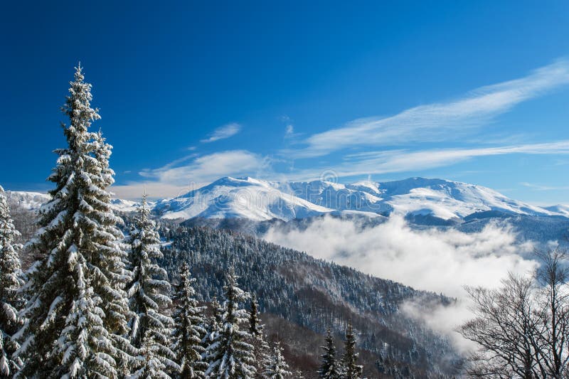 Winter mountain scenery and snow covered peaks in Europe