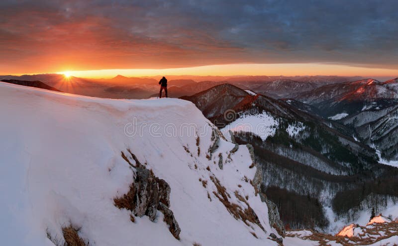 Winter mountains landscape at sunrise, panorama