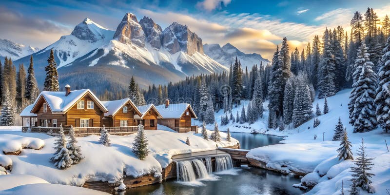 Winter in mountains snow blankets peaks crisp air skiing fun cozy lodges wildlife and frozen waterfalls Generative By AI royalty free illustration