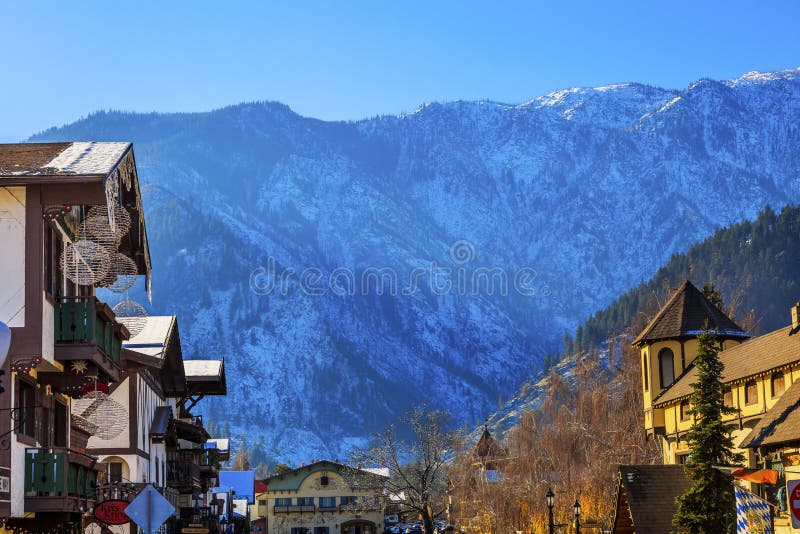 Winter Mountains Snow German Buildings Leavenworth Washington royalty free stock photo Winter Mountains Snow German Buildings Leavenworth Washington royalty free stock photo