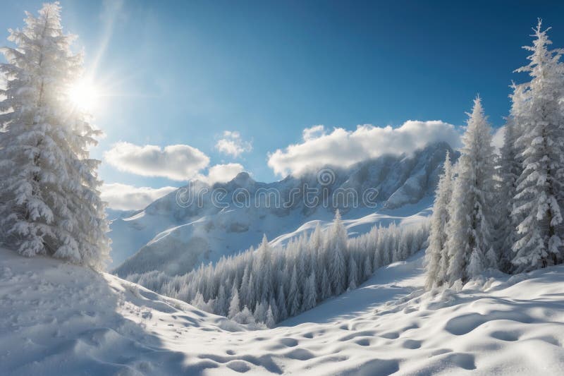 Winter mountains with snowdrifts fir trees and sunny skies With copy space for text. ai generative
