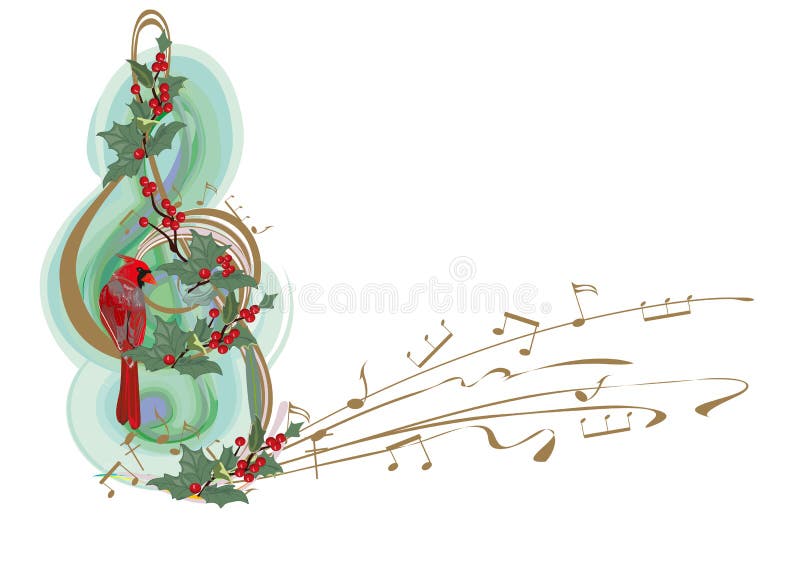 Winter music. Abstract treble clef decorated with snowflakes and notes, holly and birds.