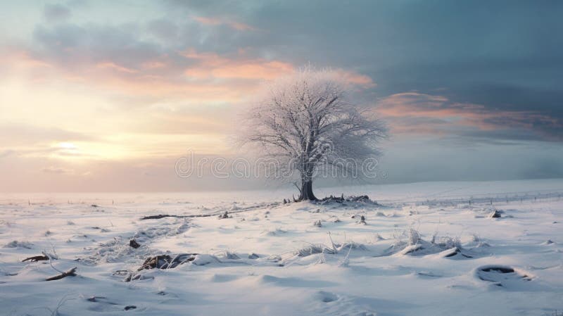 Winter nature atmosphere landscape, frosty forest, dry plants. Beautiful snowdrifts composition. Generative AI