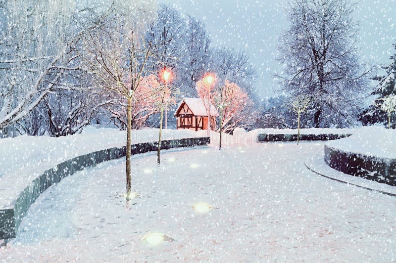 Winter night landscape with illuminated lonely house - winter landscape view royalty free stock image Winter night landscape with illuminated lonely house - winter landscape view royalty free stock image