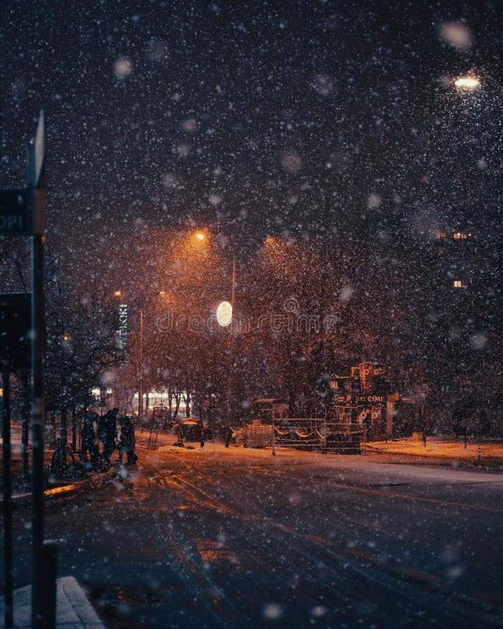 Winter Night Scene Depicting a Snowstorm in the Streets of Prishtina ...