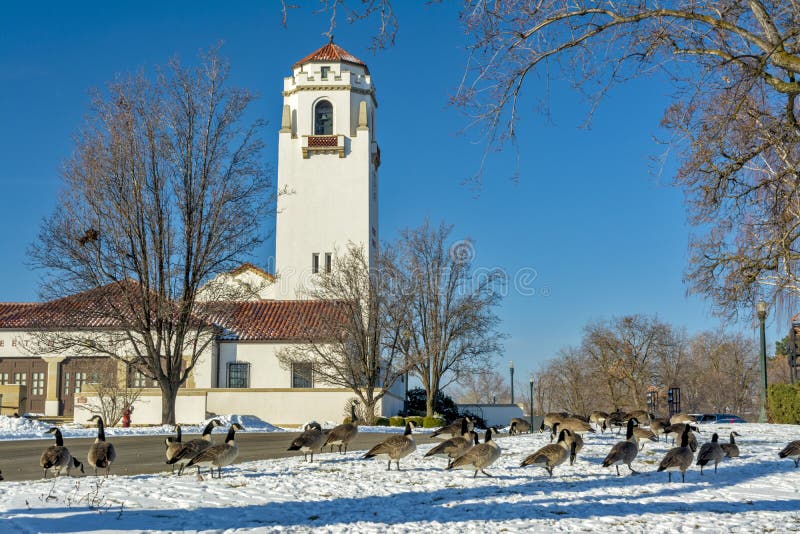 Winter park with the Boise Idaho train depot