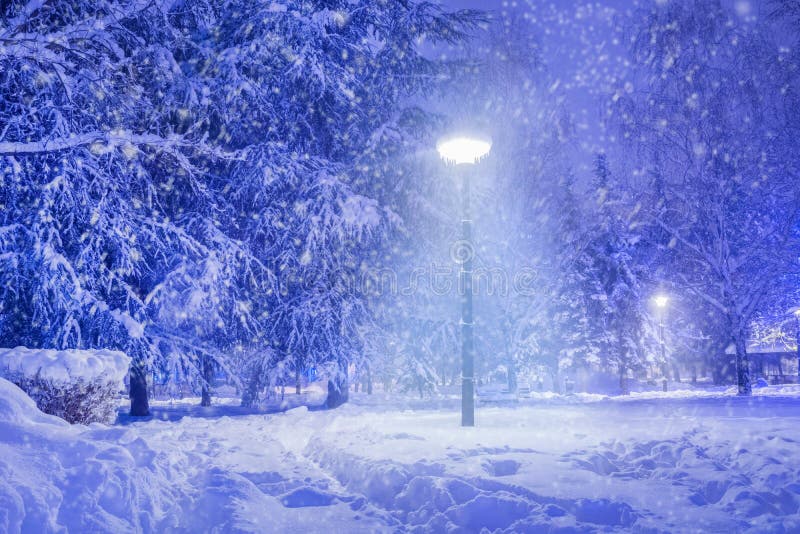 Enchanting Winter Evening: Snow-Covered Park and Shining Lanterns