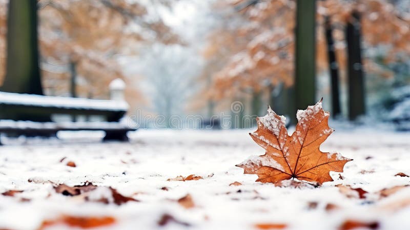 Winter park with snowy trees and maple leaf on the ground