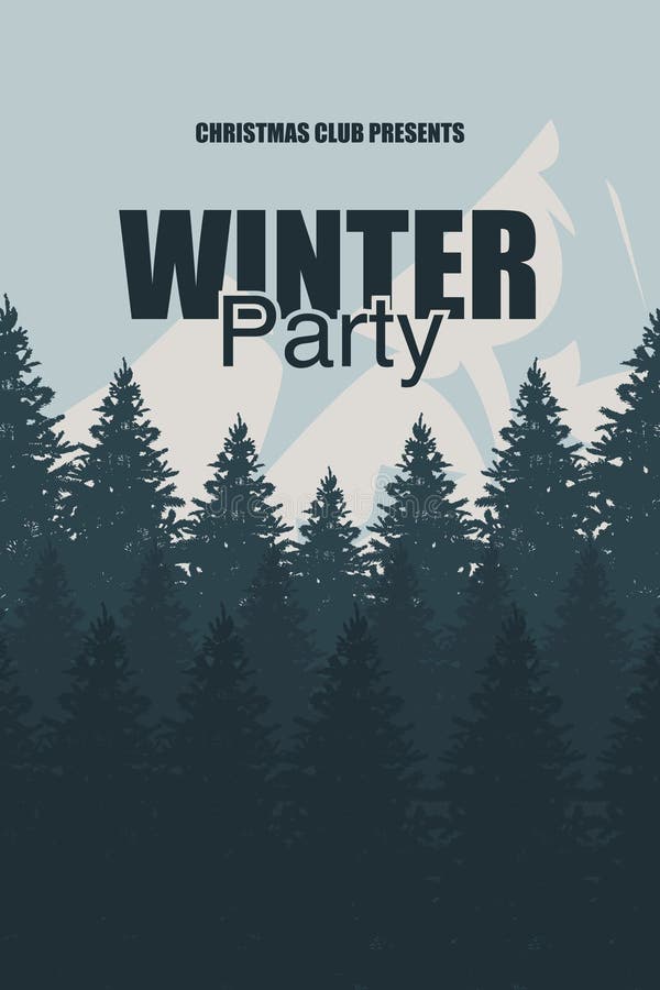 Winter Party flyer template. An elegant Christmas invitation in the background of a forest with mountains. Christmas holidays flye stock illustration Winter Party flyer template. An elegant Christmas invitation in the background of a forest with mountains. Christmas holidays flye stock illustration
