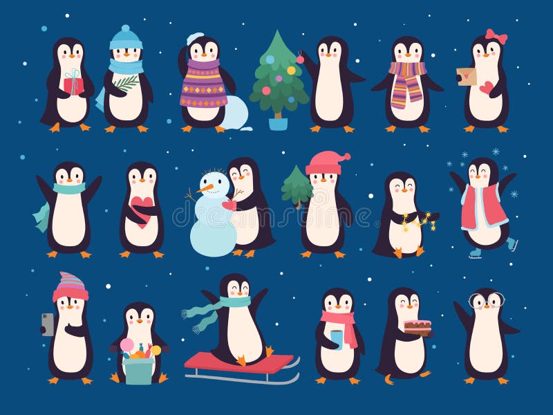 Winter penguins. Cute wild baby characters north pole animals penguins in sweater and scarf vector set. Antarctica penguin wildlife, decembers holiday illustration