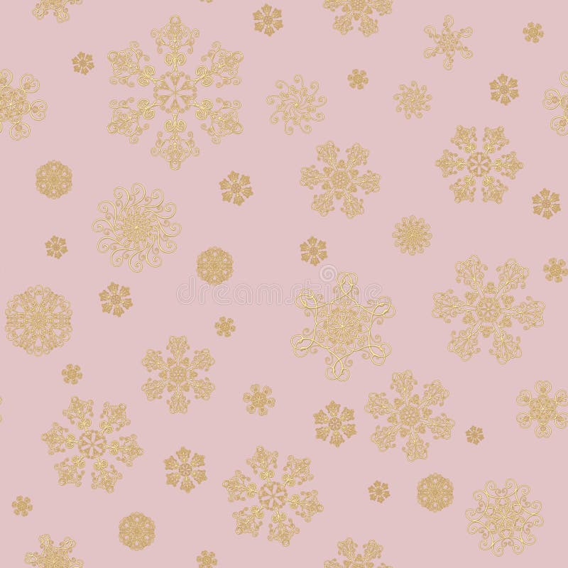 Winter pink hand drawn seamless pattern print with gold beauty snowflakes. Luxury background with golden snow crystals. Happy New