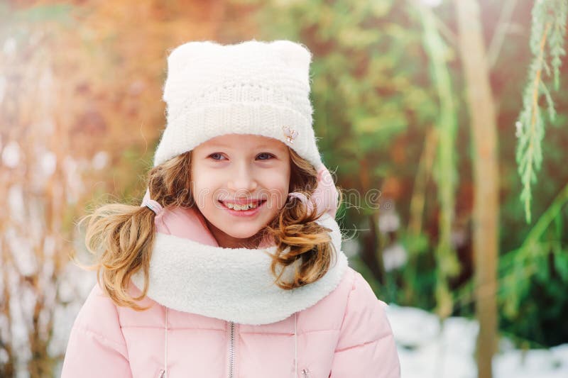 Winter Portrait of 8 Years Old Kid Girl Walking Outdoor in Snowy Day ...