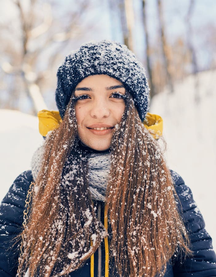 Winter Portrait of Young Beautiful Woman Wearing Knitted Snood Covered ...