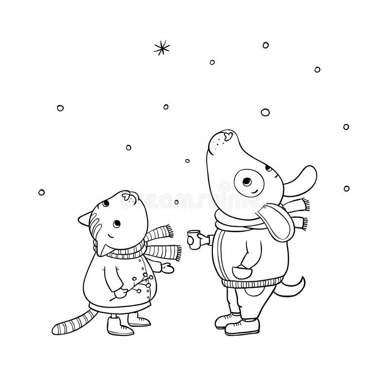 Winter postcard. Cute cartoon cat and dog. December day.
