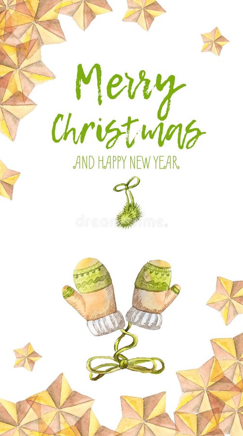 Winter postcard with text Merry Christmas and Happy New Year. Green mittens and yellow gold stars at the corners on a