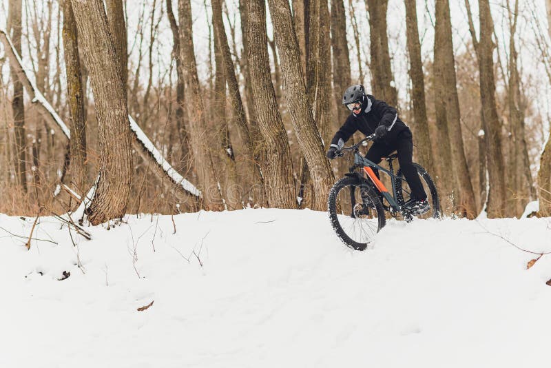 Winter Riding a Mountain Bike in the Forest. Stock Photo Image of biker, mountain 179063104