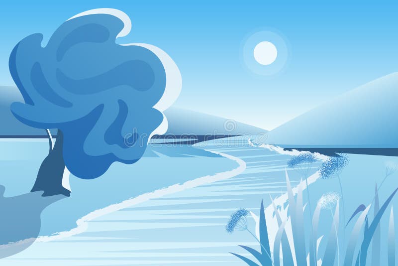 Winter river landscape vector illustration