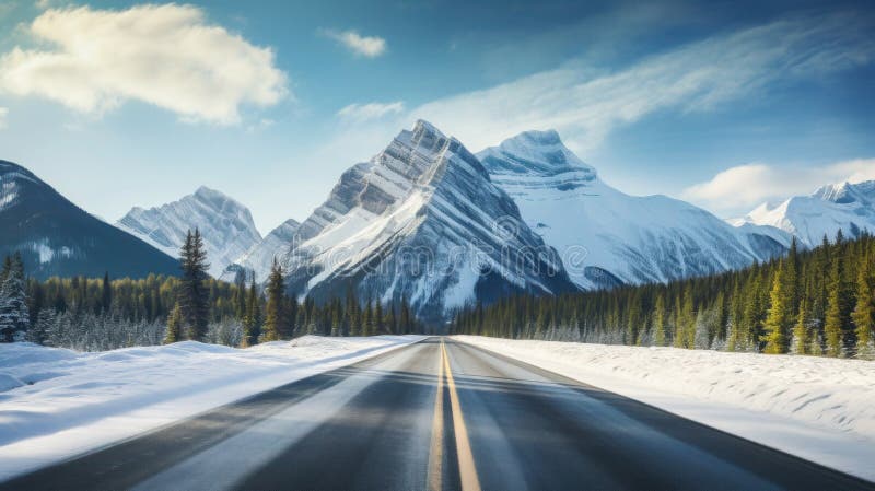 Winter road leading to snowy mountains. Generative AI