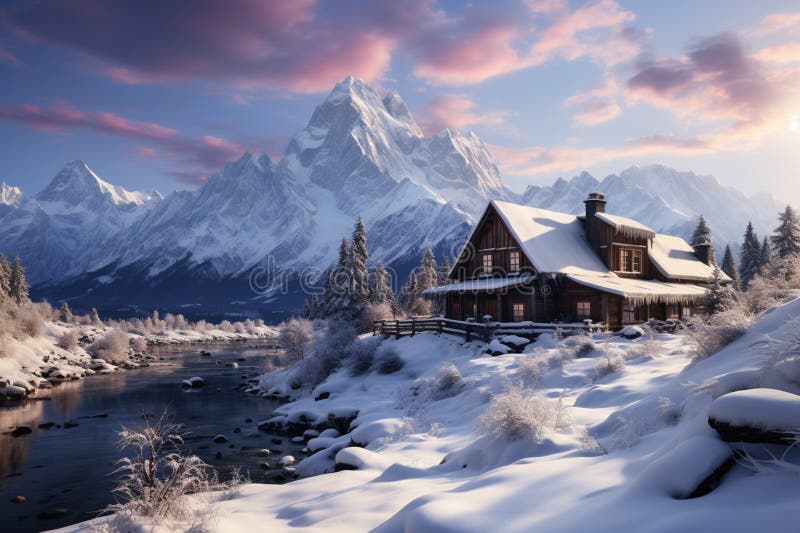 Winter\'s embrace blankets the mountain village with a captivating landscape stock illustration