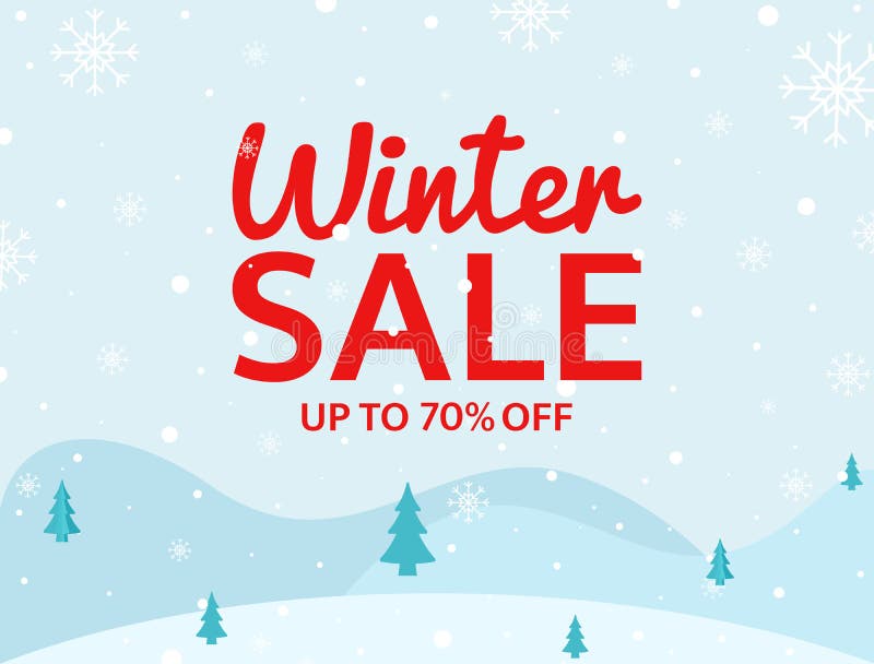 Winter sale banner on blue background. Holiday design with snowflakes, winter landscape and text. Special offer template stock illustration Winter sale banner on blue background. Holiday design with snowflakes, winter landscape and text. Special offer template stock illustration