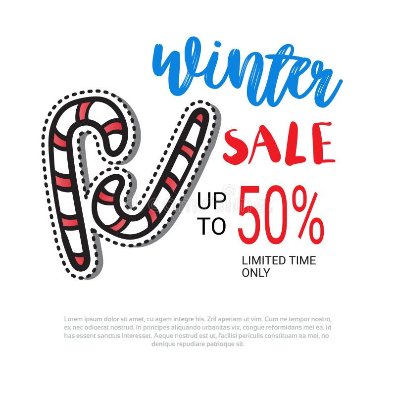 Winter sale flyer design candy cane decoration stick season shopping template special discount poster over white vector illustration Winter sale flyer design candy cane decoration stick season shopping template special discount poster over white vector illustration