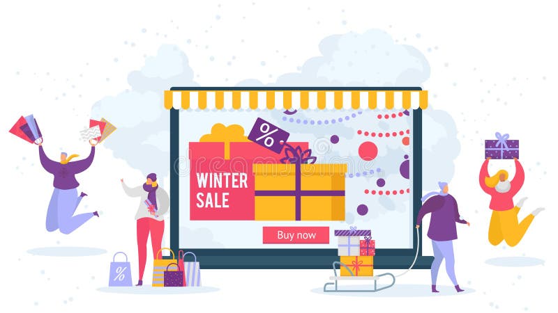 Stijgen opleggen Groene achtergrond Winter Sale and People Shopping Online with Discounts Vector Illustration.  Stock Vector - Illustration of screen, holiday: 167556689