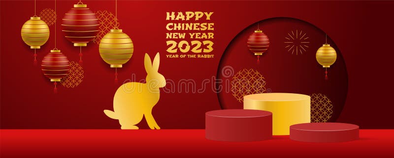 Winter sale product banner, podium platform in China style. Year of rabbit. background, flat illustration, and 3d object vector illustration