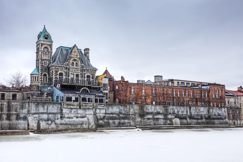 Winter scene along Grand River, Cambridge, Ontario, Canada