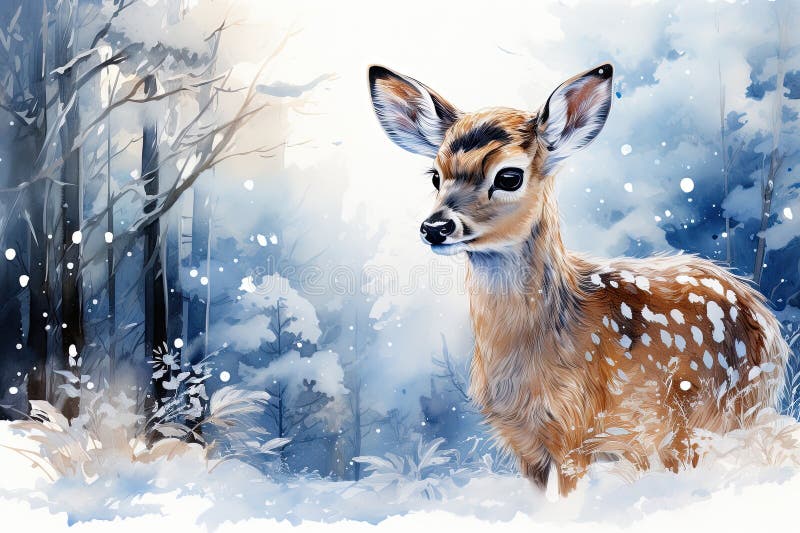 winter scene, a delicate white fawn with blue metallic sparkles is portrayed in a side view, wide shot, set against a hand-drawn forest with blowing snow AI generated. winter scene, a delicate white fawn with blue metallic sparkles is portrayed in a side view, wide shot, set against a hand-drawn forest with blowing snow AI generated