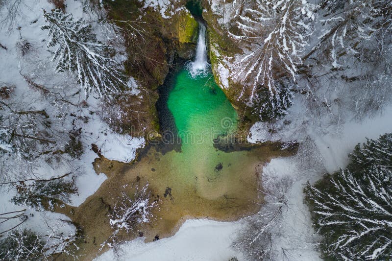 Winter scene with small waterfall