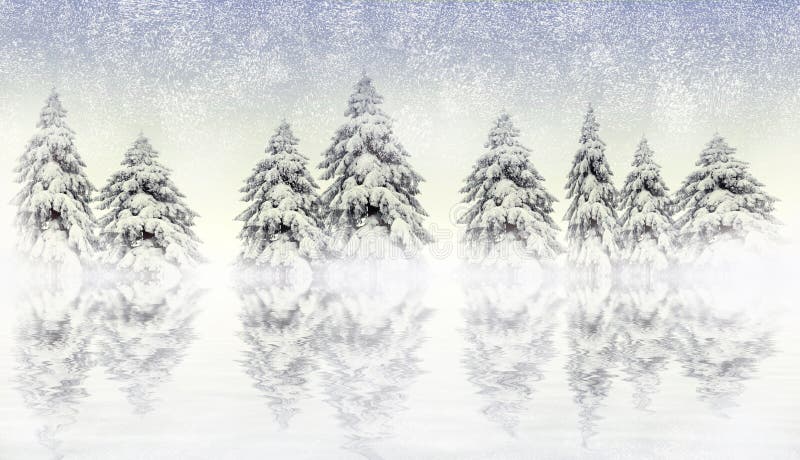 Winter scene with snowy pines