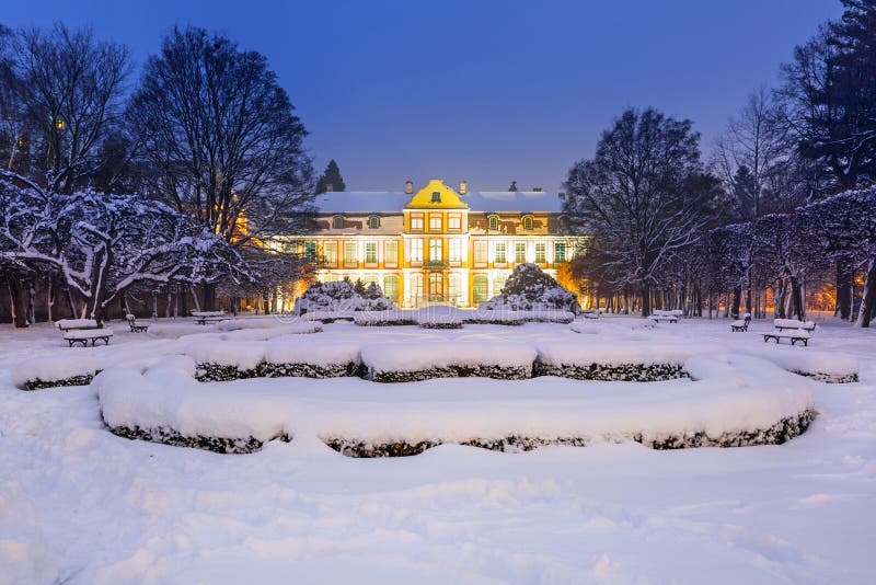 Winter scenery of Abbots Palace in snowy park