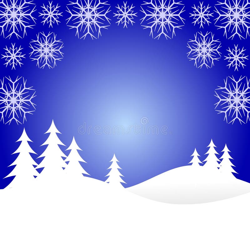 A winter background illustration with snow covered christmas trees on snowy hills with large snowflakes with room for text. A winter background illustration with snow covered christmas trees on snowy hills with large snowflakes with room for text
