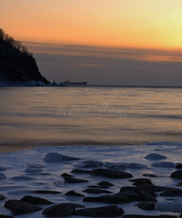 Winter Seacoast and the Ship in the Distance Stock Image Image of