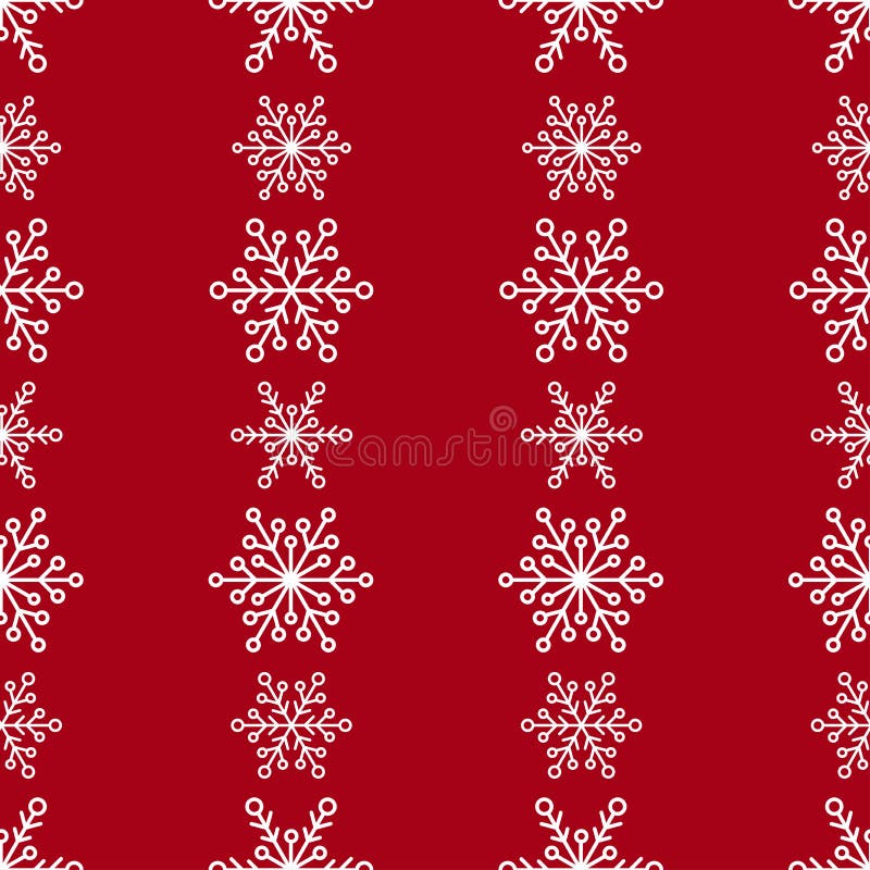 Winter seamless pattern with lines of white snowflakes on red background.