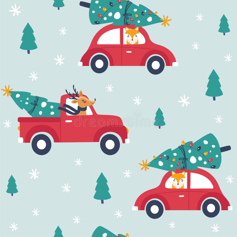 Winter seamless pattern with red car and christmas tree. vector illustration Winter seamless pattern with red car and christmas tree. vector illustration