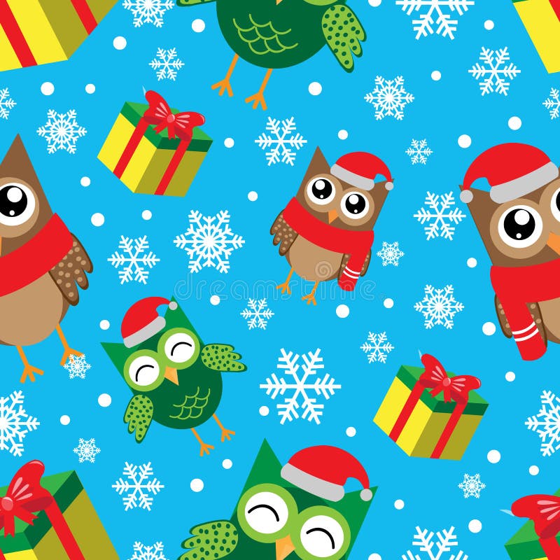Winter seamless pattern with snowflakes, owls and gifts. Happy new year and merry christmas vector illustration stock illustration Winter seamless pattern with snowflakes, owls and gifts. Happy new year and merry christmas vector illustration stock illustration
