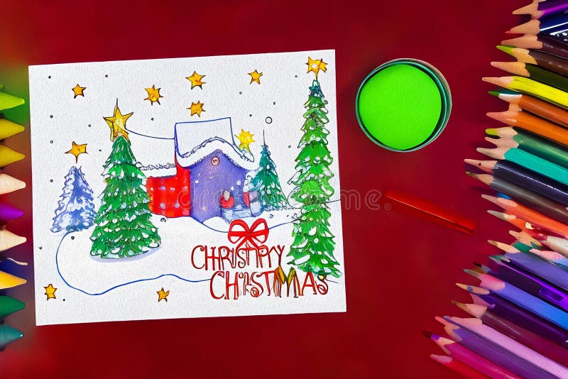 Winter Season Holiday, Christmas, New Year. Christmas Concept. Children S  Drawings in Pencil and Paints Stock Illustration - Illustration of tree,  drawing: 264106828