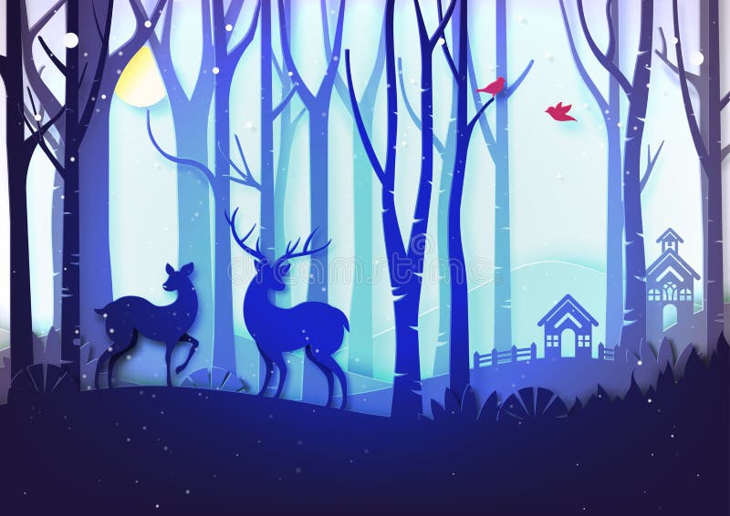 Winter season landscape and christmas day concept with cottage and deer wildlife in forest background