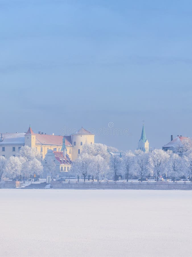 Winter skyline of Latvian capital city Riga Old town royalty free stock image