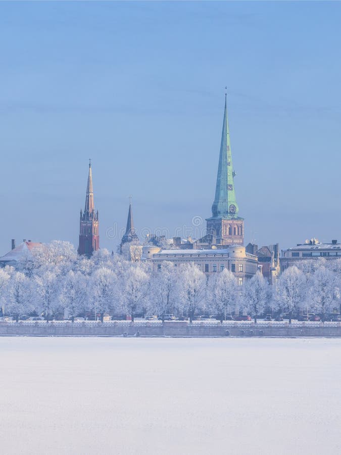 Winter skyline of Latvian capital city Riga Old town royalty free stock images