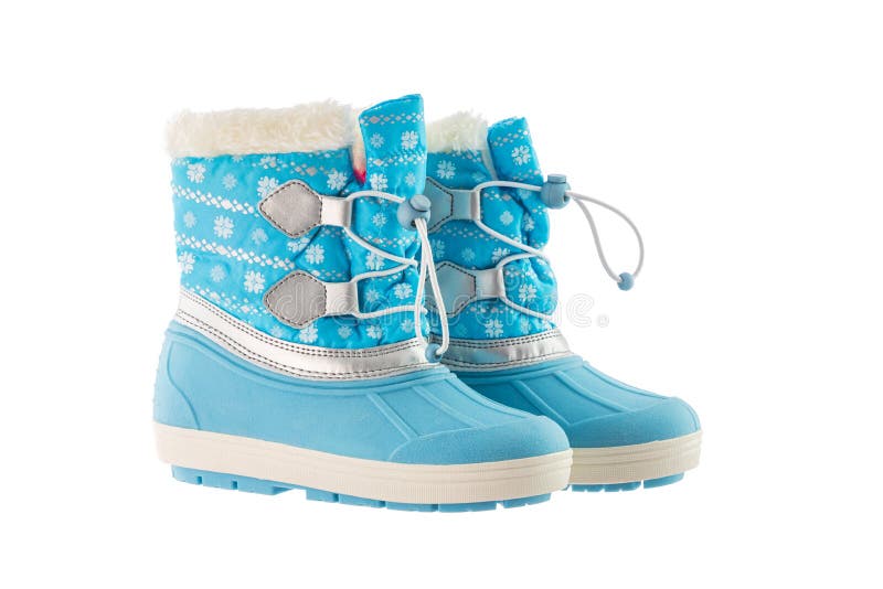 Winter snow blue boots on white background.