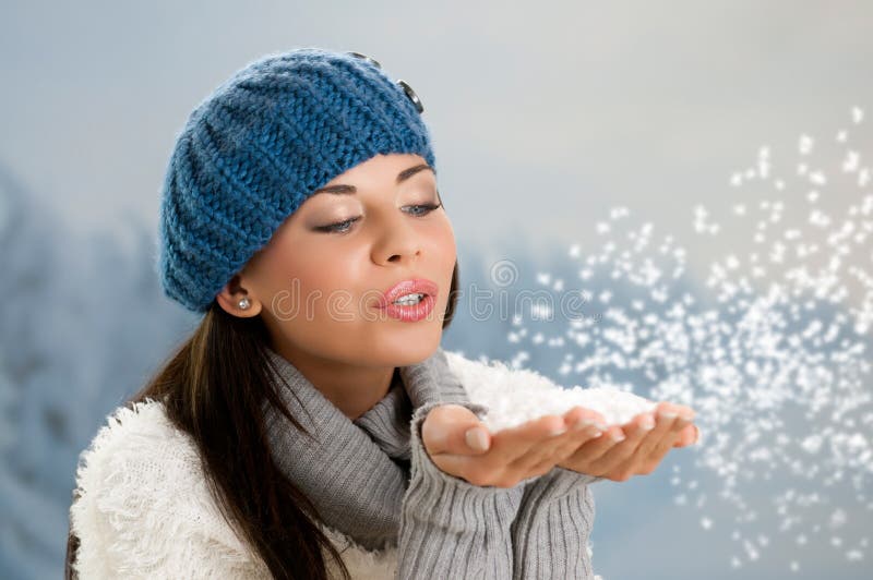 Winter Girl in White with Purple Hat and Scarf Stock Photo - Image of ...