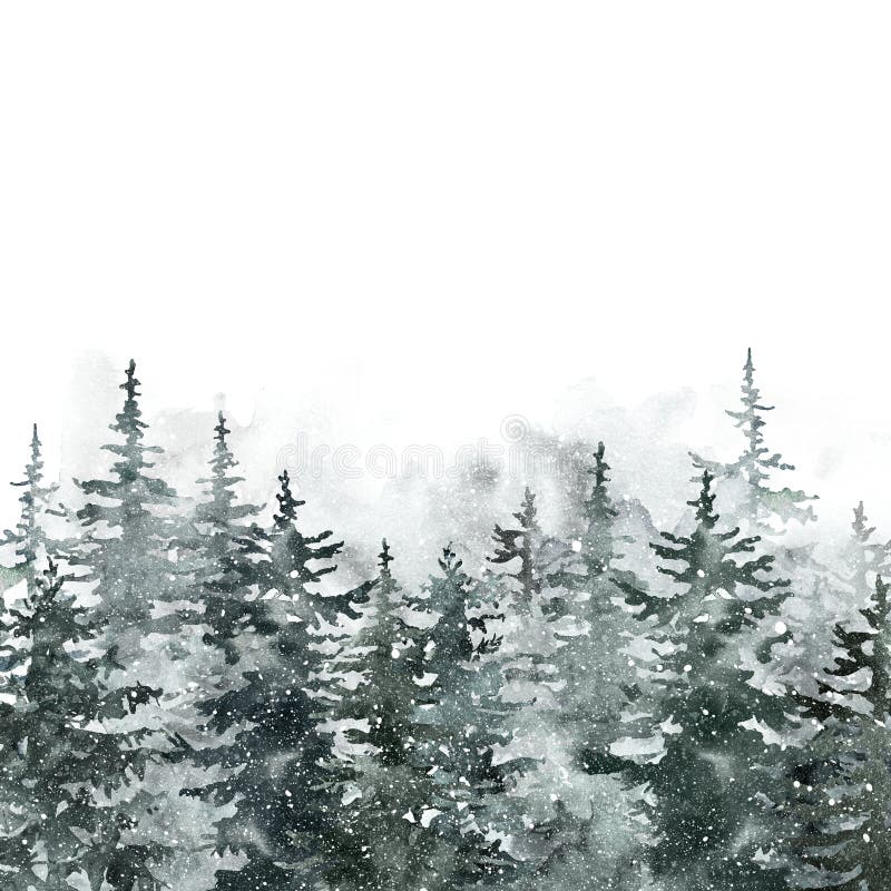 Winter snowy forest illustration. Watercolor pine and spruce trees landscape background. Evergreen woods. Wild nature in wintertime. Christmas card design. Winter snowy forest illustration. Watercolor pine and spruce trees landscape background. Evergreen woods. Wild nature in wintertime. Christmas card design