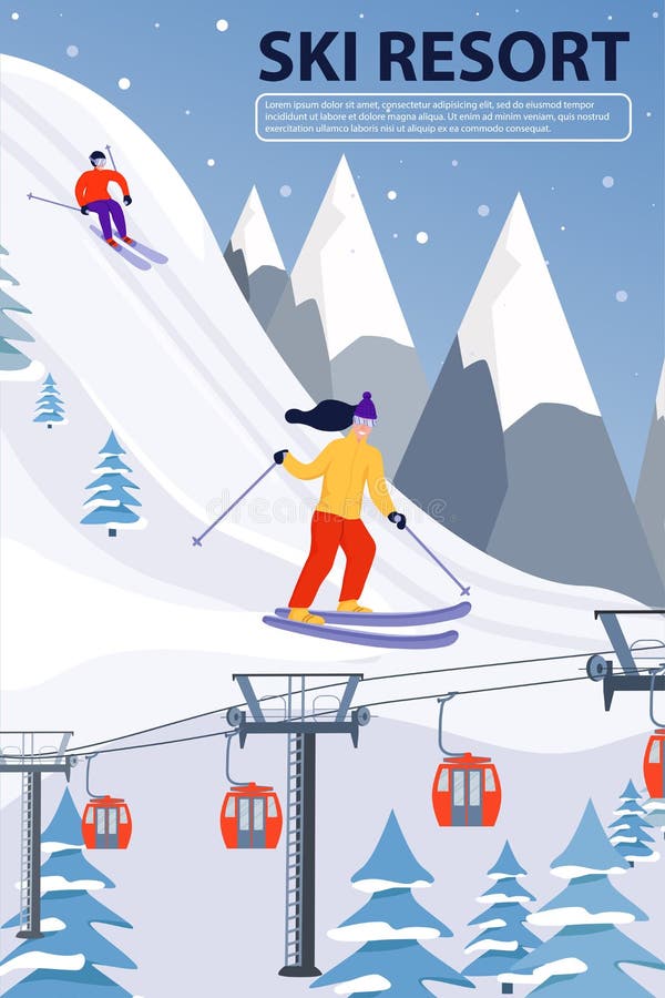 Ski Resort Banner Illustration with Wooden House, Ski Lift and Happy ...