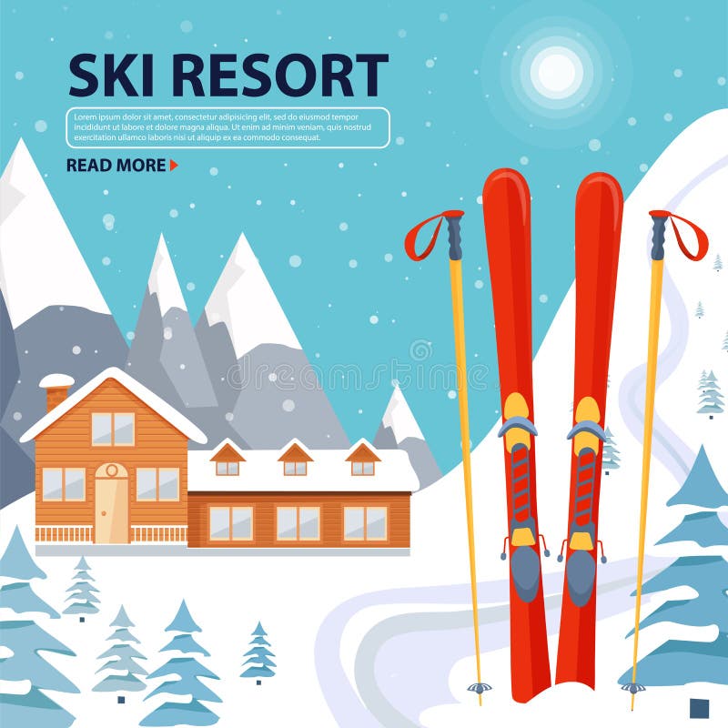 Ski Resort Poster Illustration with Wooden House and Ski Equipment on ...