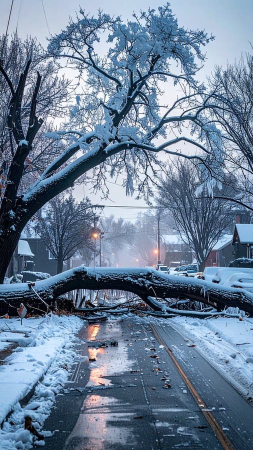 Winter Storm Aftermath - Fallen Tree Blocks Snowy Street vector illustration