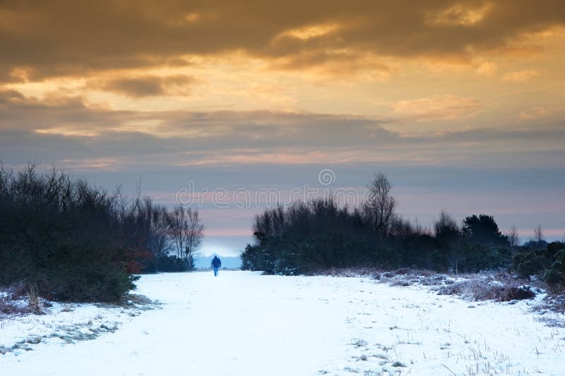 Winter sunrise landscape over snow covered path